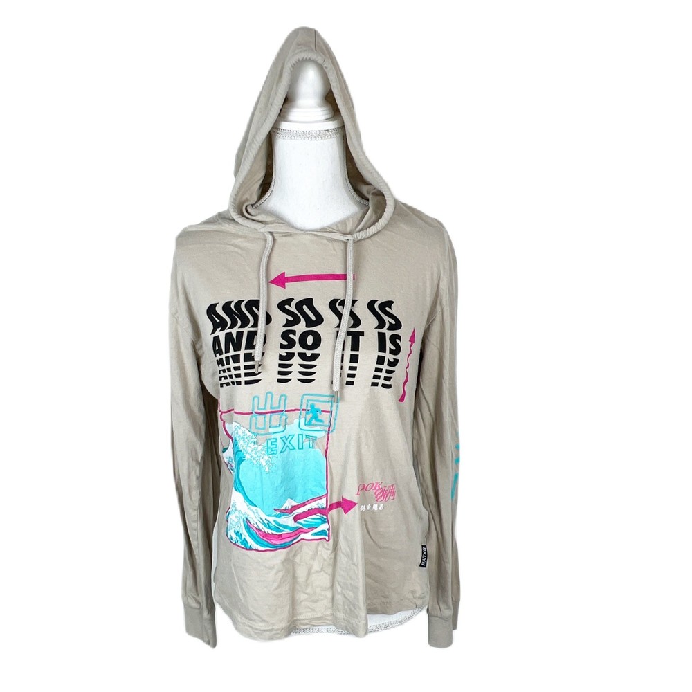 Brooklyn Cloth Hoodie Women Medium Tan Pullover Sweater Neon Waves Graphic